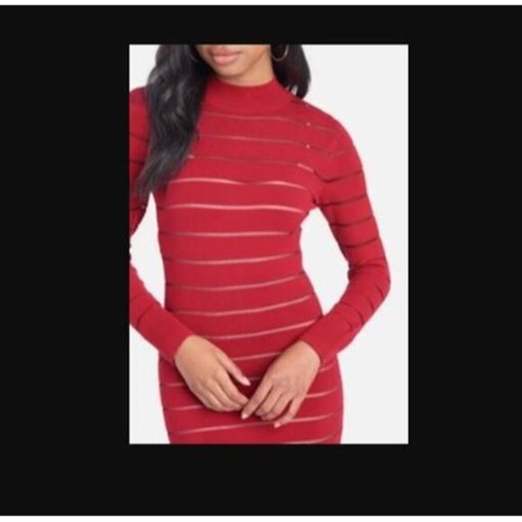 NEW Bebe Goji Berry Red Sheer Stripe Sweater Dress Sheath Bodycon Size Small - Picture 3 of 10